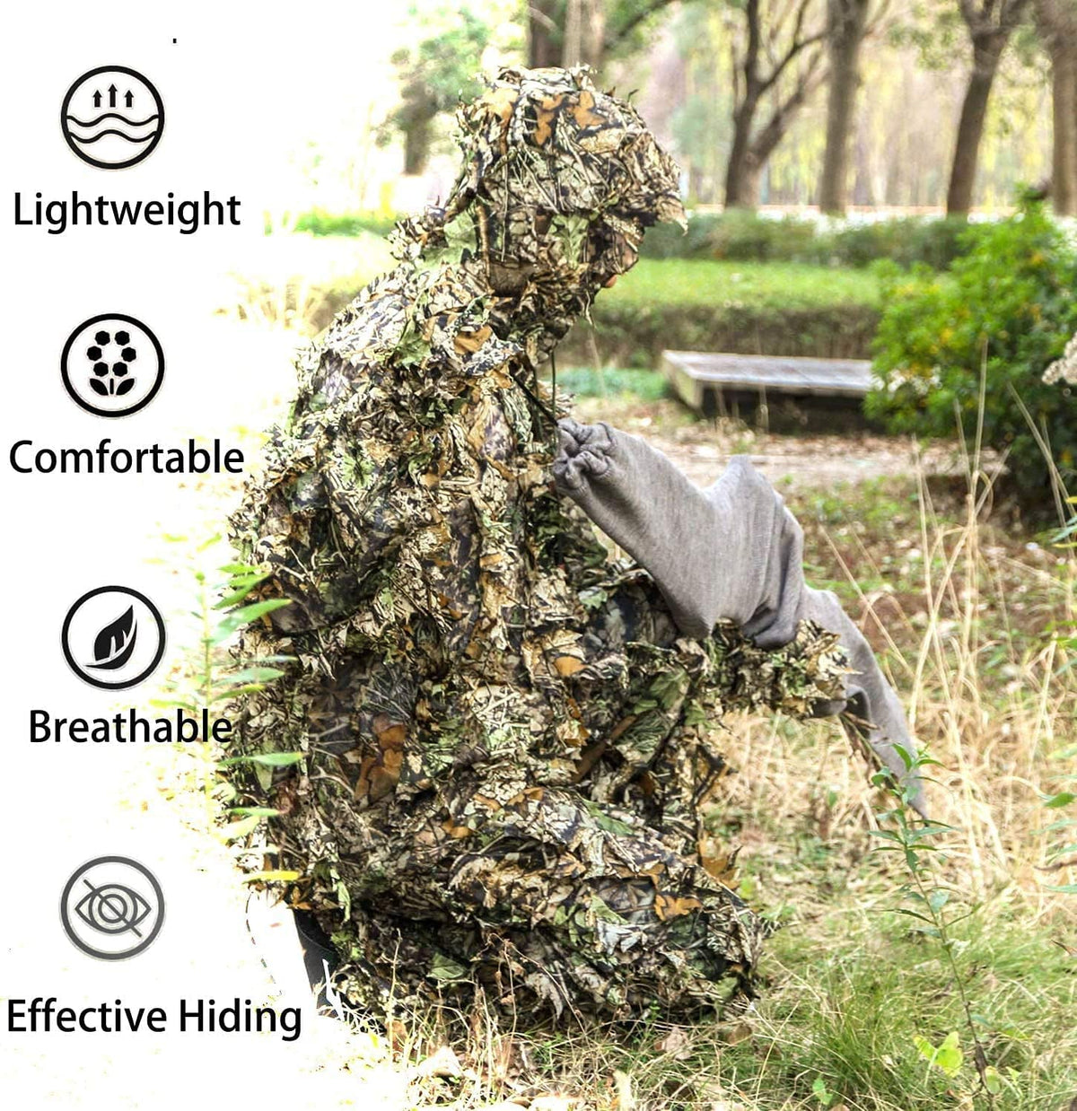 Monfasye Ghillie Suit, 3D Leafy Camo Hunting Suits Breathable Woodland Gillies Costume Jungle Clothing (XL/XXL)
