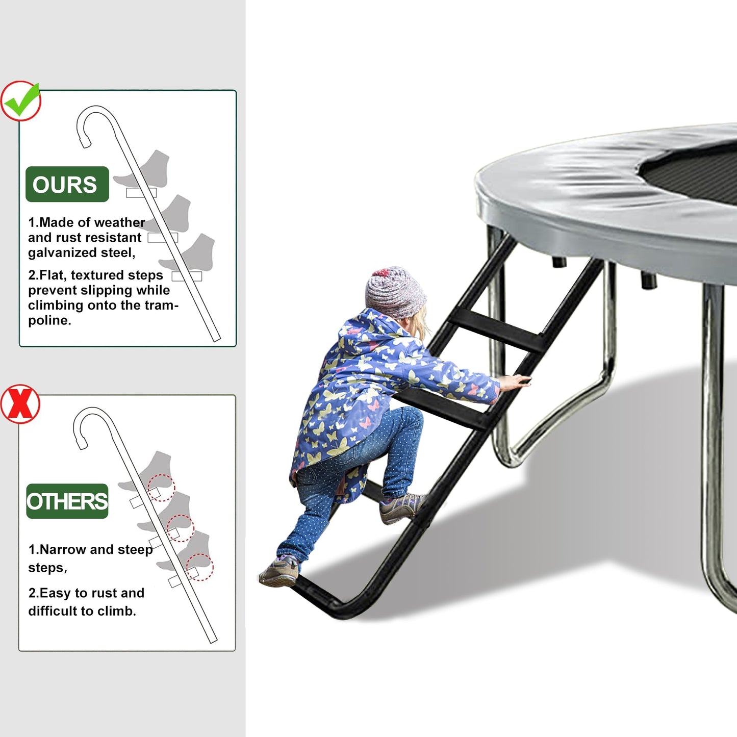 Eurmax USA Universal Trampoline Ladder,240 lbs Capacity,3 Wide Skid-Proof Steps&Shoe Storage Pocket,UV-Resistant Steel Stairs for Kids,Heavy Duty Universal Hook Fit,Trampoline Accessories for Children