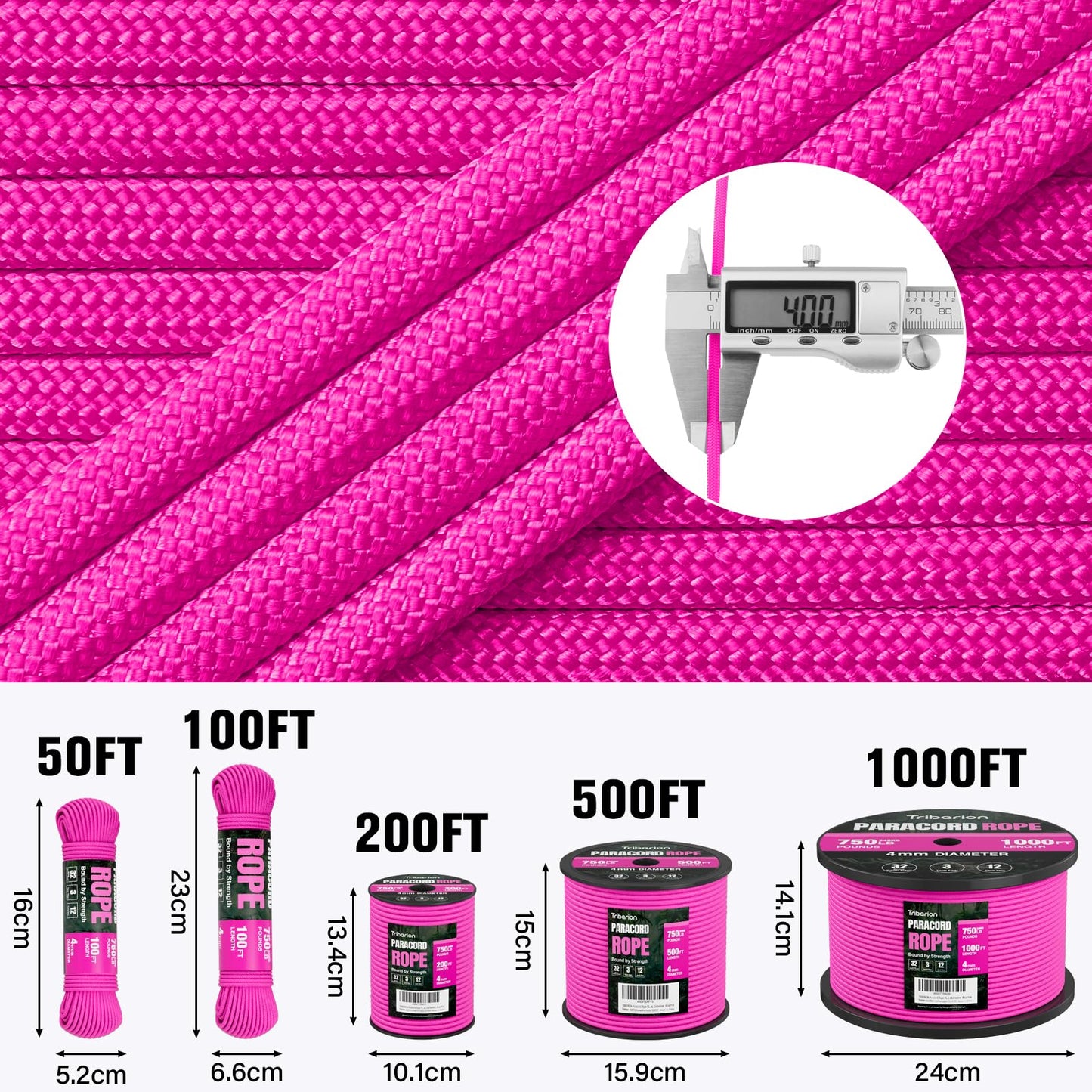 TRIBERION Paracord Rope 750 lb - 500ft 5/32" Parachute Cord 4MM 12-Strand para Cord - Heavy Duty Spool String for Survival,Camping Gear, Survival Bracelet, Clothesline - Rose Pink