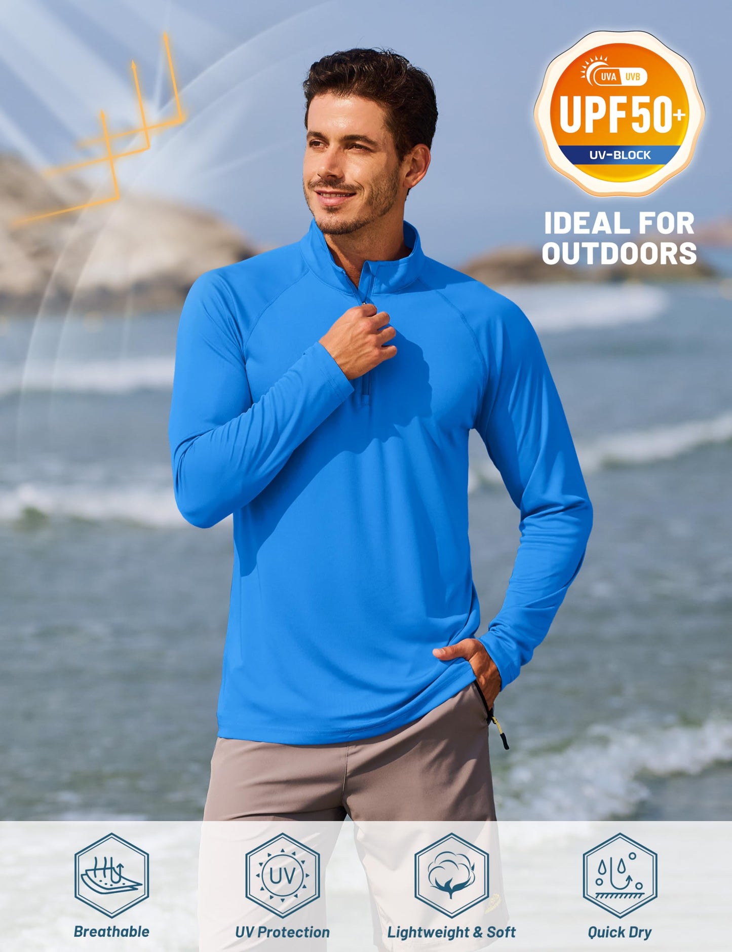 TACVASEN Mens Quarter Zip Pullover Rash Guard Shirt Long Sleeve Swim Dry Fit Shirts for Men Outdoor Shirts for Sun Hiking Shirts Azure
