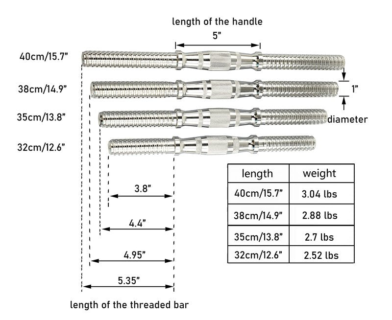Rowland Harbor Threaded Dumbbell 12.614.214.815.718.119.722inch(32353840465056cm) curved HandlesAdjustable Dumbbell Bar Handles Fit 1 inch Standard Weight Plate Weightlifting