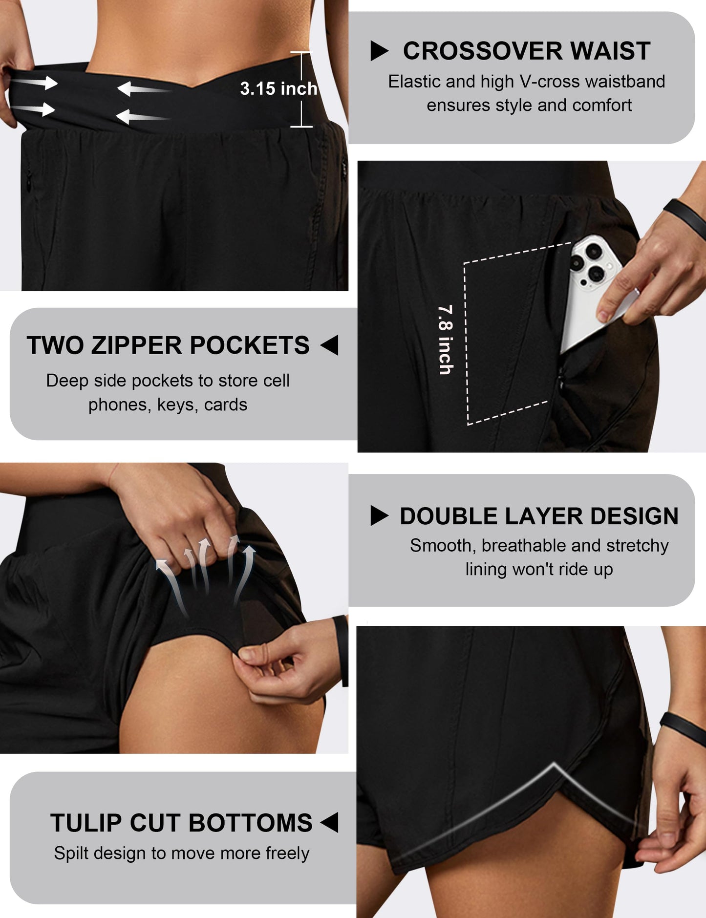 Blooming Jelly Women's Workout Shorts Athletic Running Elastic High Waisted Black Tummy Control Shorts with Zipper Pockets (Black,XX-Large)