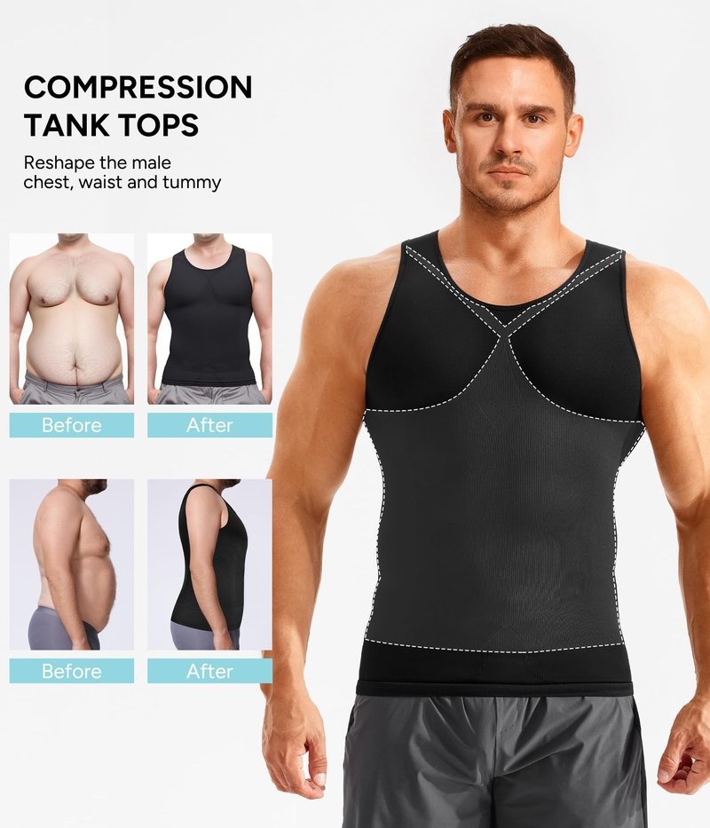 Eleady Men's Compression Shirt Undershirt Slimming Body Shaper Athletic Workout Shirts Tank Top Sport Vest with Zipper (Beige, X-Large)