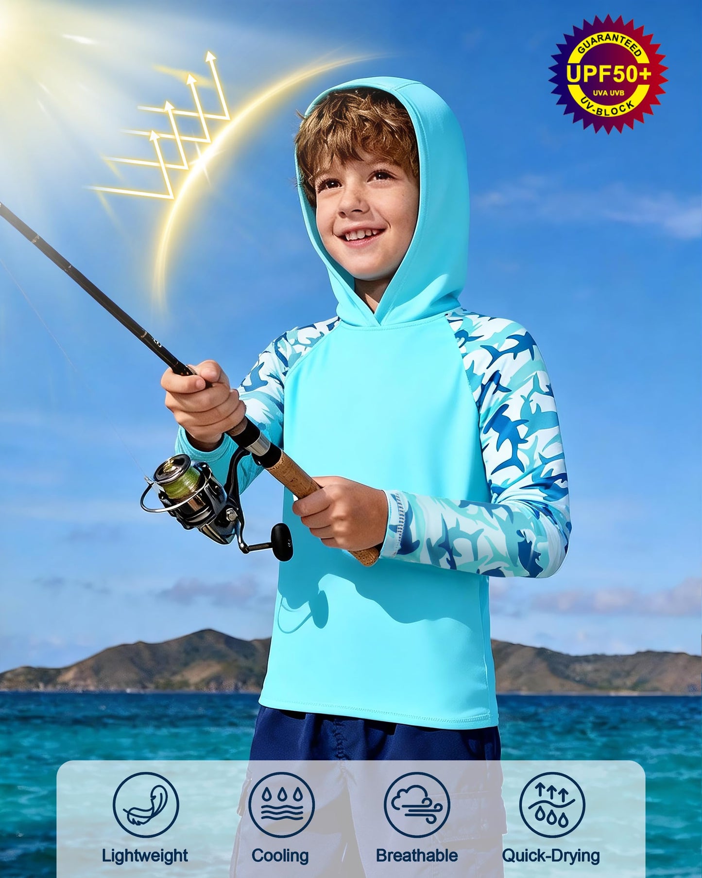 DRONIRING Boys Rash Guard Swim Hoodie, UPF 50+ UV Sun Protection Long Sleeve Fishing Shirt, Kids Youth SPF Water Shirts