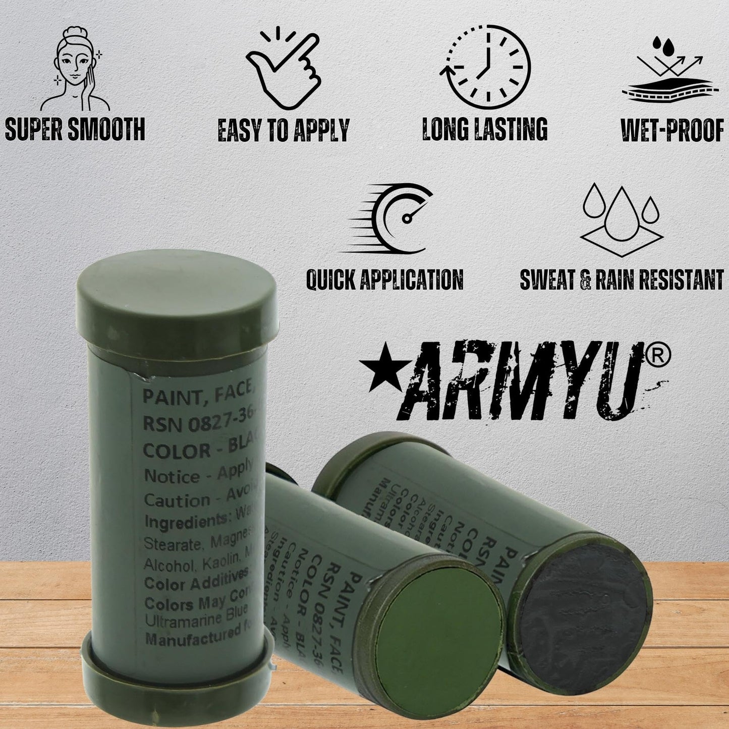 Camo Face Paint, NATO Camouflage Military Makeup Paint Sticks (Black & Olive Drab - 1 Stick - 2 Colors)