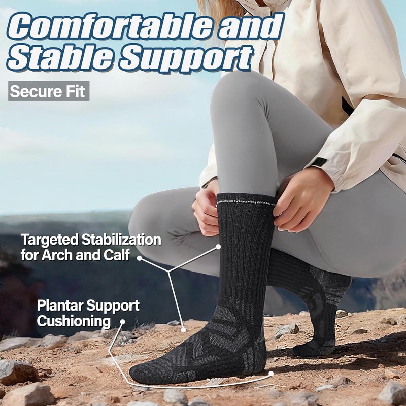 ANTSANG Merino Wool Hiking Socks, Enhanced Breathability, Targeted Cushion Thermal Socks for Men and Women, 5 Pairs(Black, L)