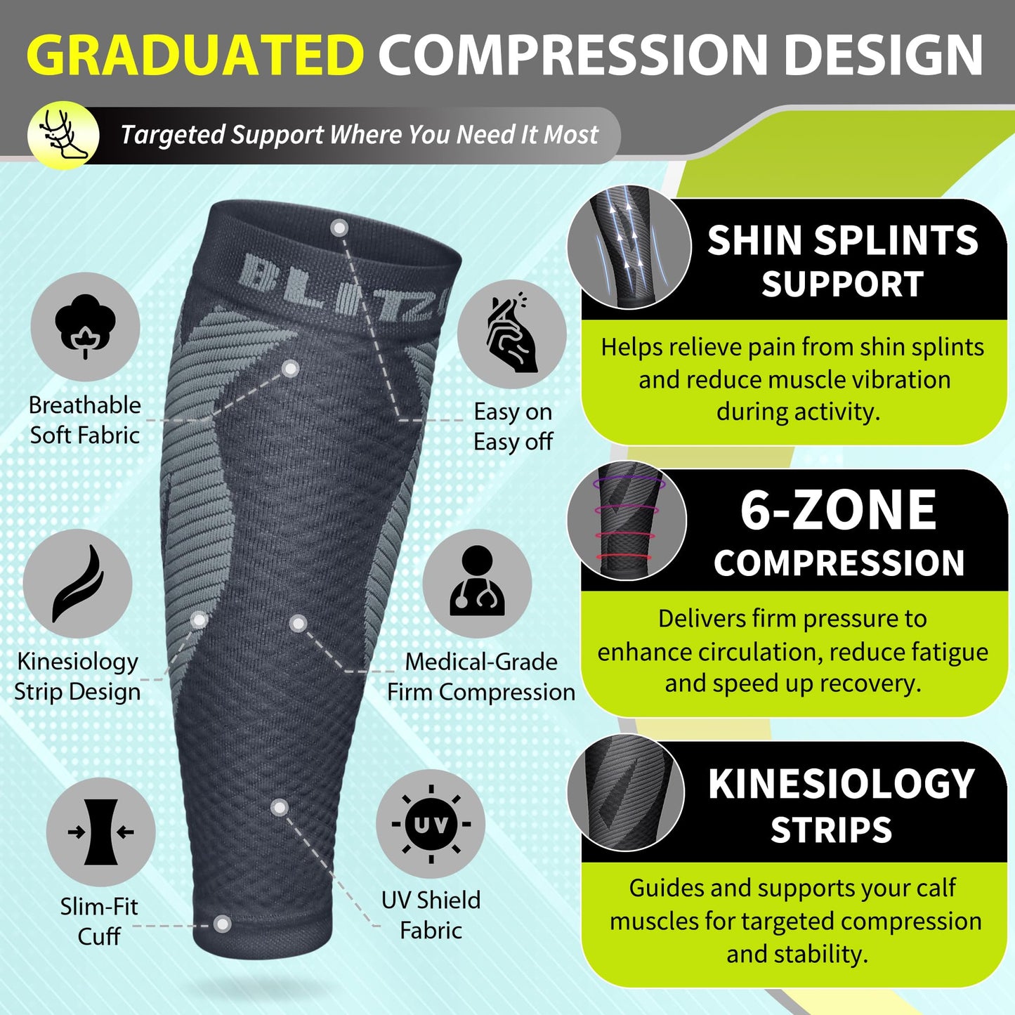 BLITZU Calf Compression Sleeves for Men and Women. Footless Compression Socks Support for Varicose Vein, Nursing, Running. Leg Sleeve Brace for Shin Splints, Pain Relief & Reduces Swelling Gray S-M