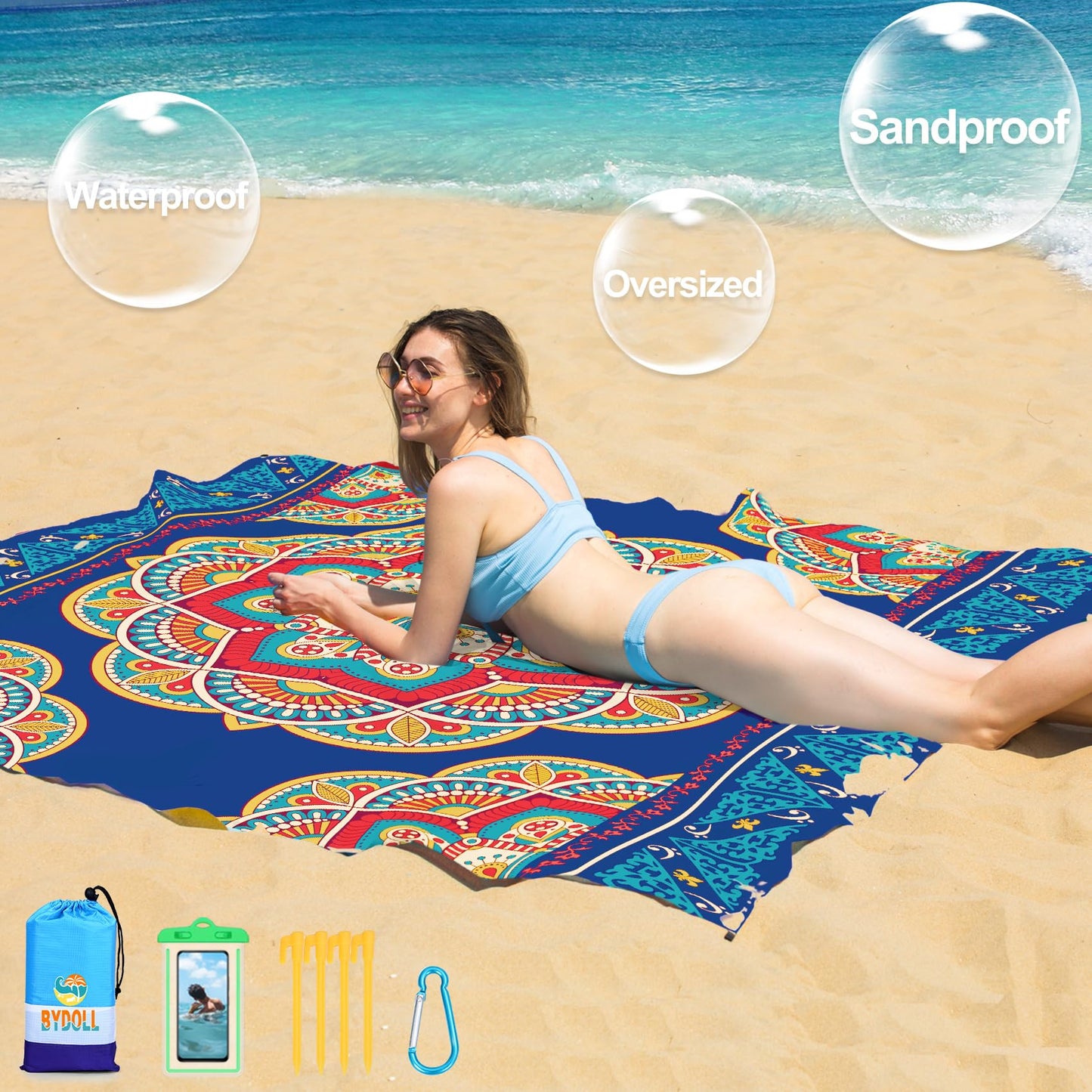 BYDOLL Beach Blanket 78''×81'' 1-5 Adults Oversized Lightweight Waterproof Sandproof Beach Blanket Large Picnic Mat Beach Blanket for Beach Travel Camping Hiking Picnic