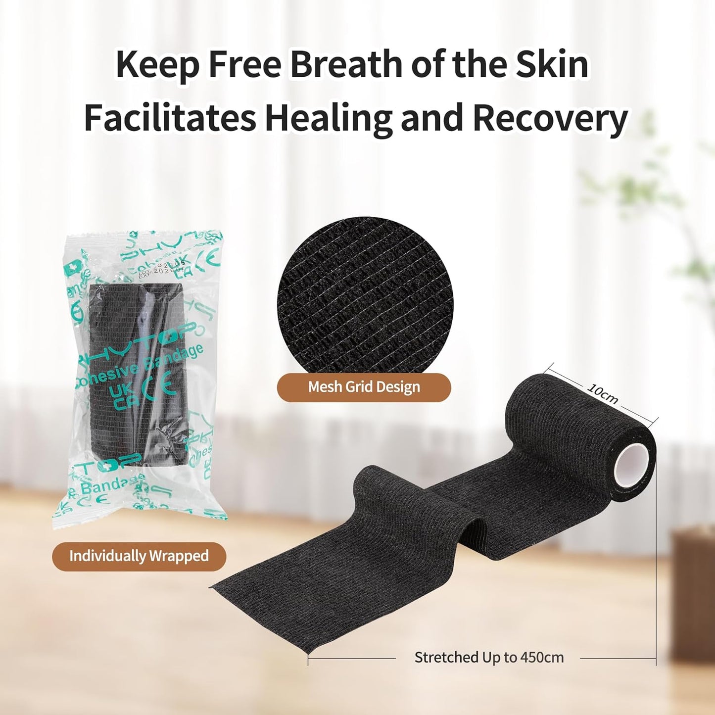 Self Adhesive Bandage Wrap - Cohesive Sports Tape 4" x 5 Yards | Breathable Vet Wrap for Horses & Dogs (Black)