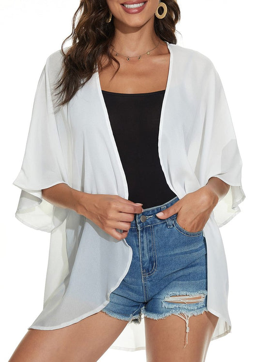 Women Summer Tops Kimono Cardigans Sheer Beach Cover Ups Chiffon Open Front Shirts （White,M