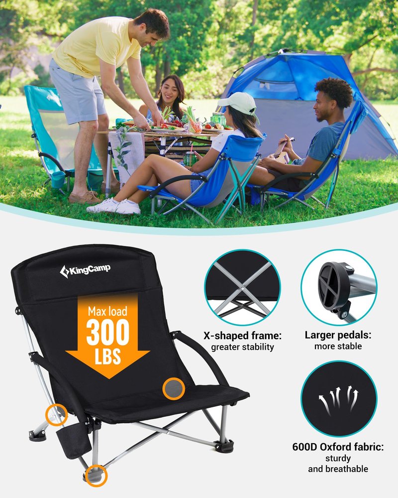KingCamp Low Beach Chairs 2 Pack, Folding Portable Chair for Adults Lightweight Extra Wide Ergonomic Seat 300lbs Heavy Duty Oversized Backpack Gear with Carry Bag for Outdoor Lawn Camping Picnic