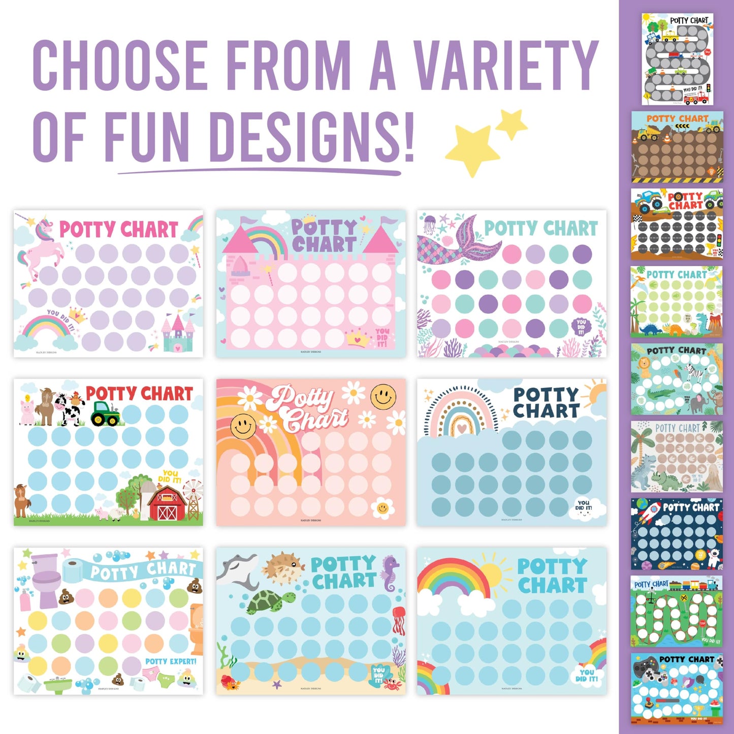 Hadley Designs Potty Training Chart for Toddlers Girls -10 Sticker Potty Chart for Toddlers Girls, 8.5x11" Potty Training Sticker Charts for Toilet Success, Unicorn Toddler Reward Chart for Kids