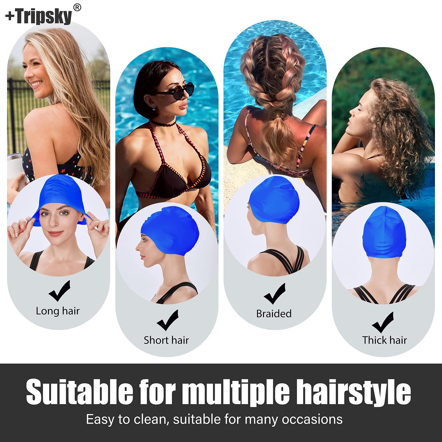 Tripsky Silicone Swim Cap for Long Hair, Swimming Cap for Women Men Teenagers, Stereoscopic Pattern Bathing Cap Ideal for Curly Short Medium Long Hair (Drak Blue)