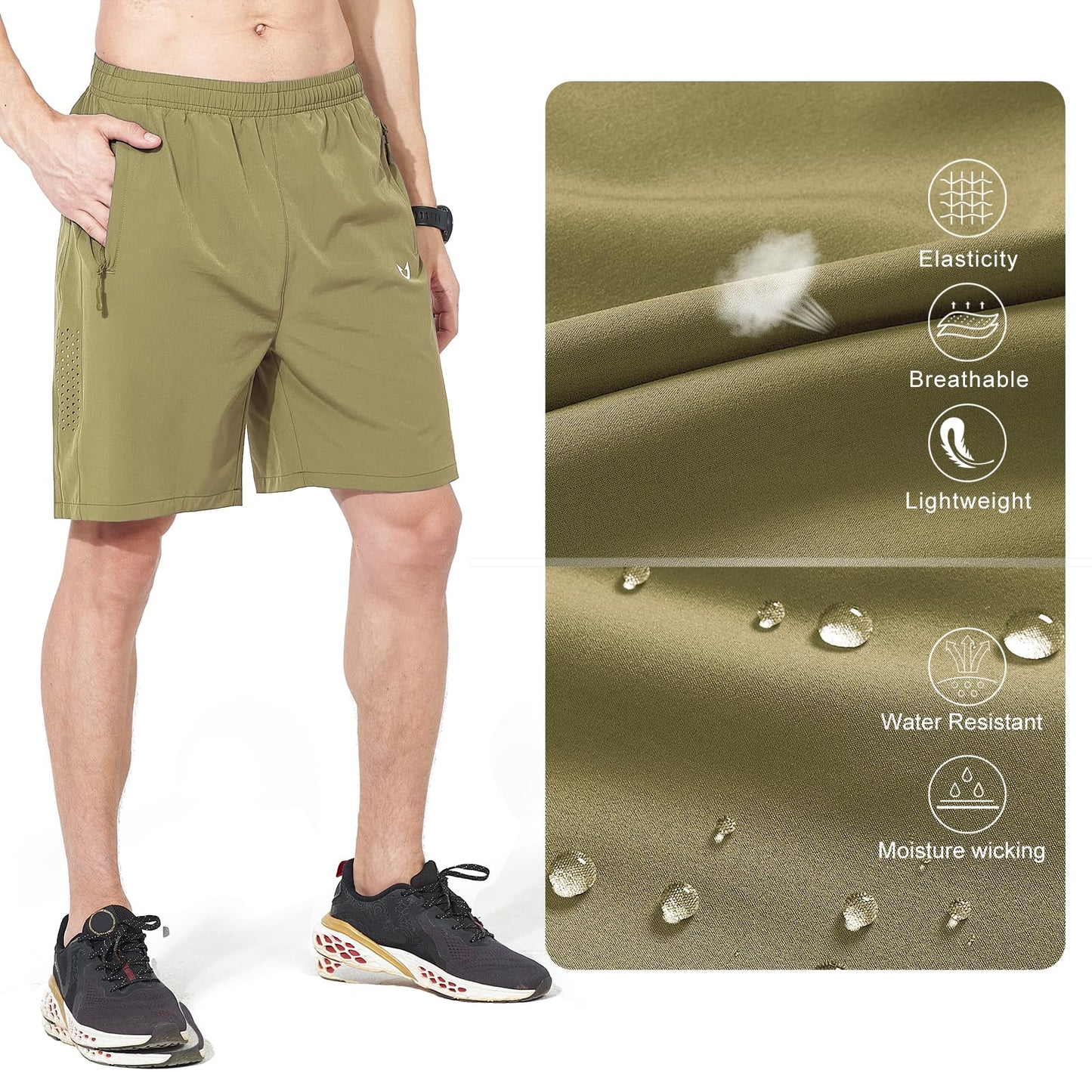 NORTHYARD Men's Athletic Running Shorts Gym Workout 7"/9"/5" Quick Dry Lightweight Sports Basketball Tennis 3 Zipper Pockets Khaki 3XL