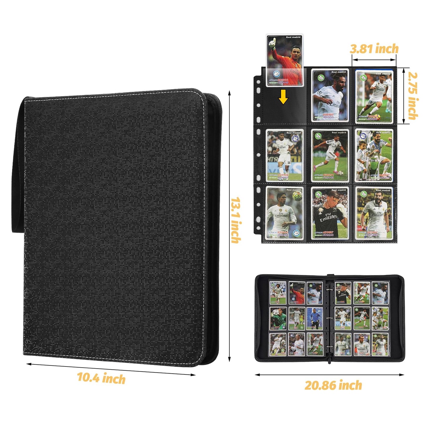 GERMUN 3 Ring 9 Pocket Zipper Card Binder, 720 Double Sided Standard PU Trading Card Album Folder for TCG & Sports Cards, Not Fit Top Loaders(Black2)