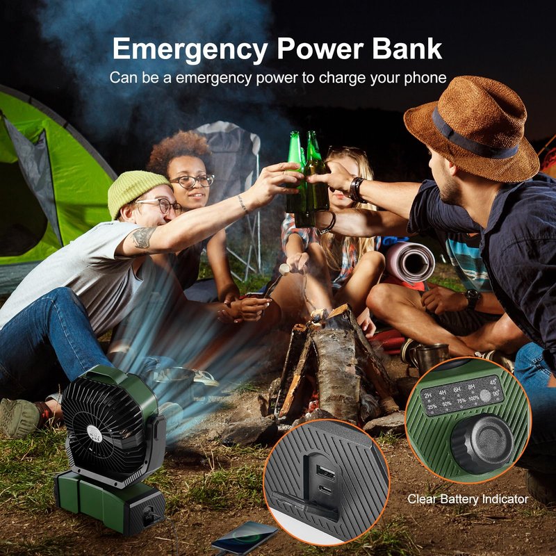 Odoland 40000mAh Camping Fan with LED Light, Battery Operated Oscillating Desk Fan with Remote & Hook, Rechargeable Outdoor Tent Fan with Timer for Hurricane Power Outage Travel Jobsite RV, Green