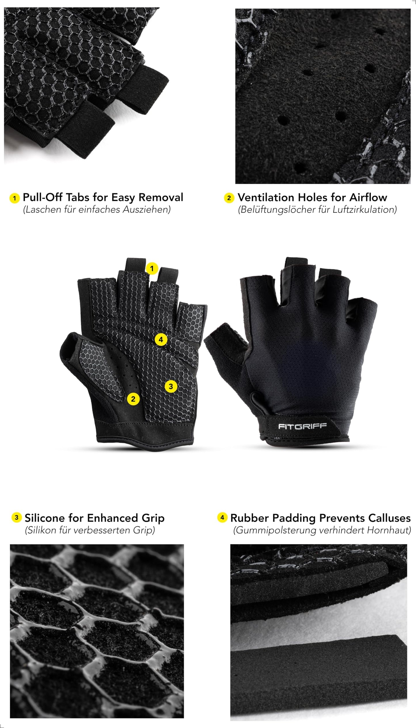 Fitgriff® Workout Gloves (Padded) for Men & Women - Fingerless Gym Gloves for Weight Lifting, Training - Full Palm Protection (Black, Size 5)