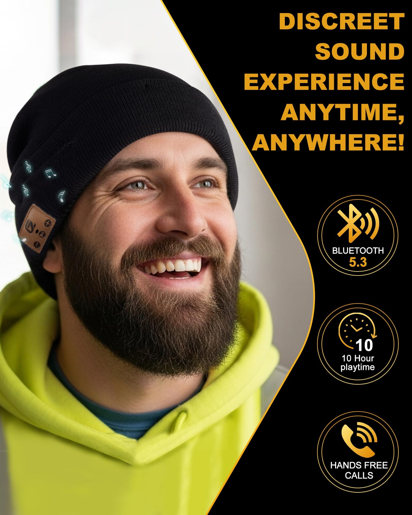 GADIEMKENSD Bluetooth Music Beanie Hat with Built‑in Headphones, Warm Knit Winter Hat for Men Women Teens, Wireless Skull Cap for Running Skiing Sports Tech Stocking Stuffer Black