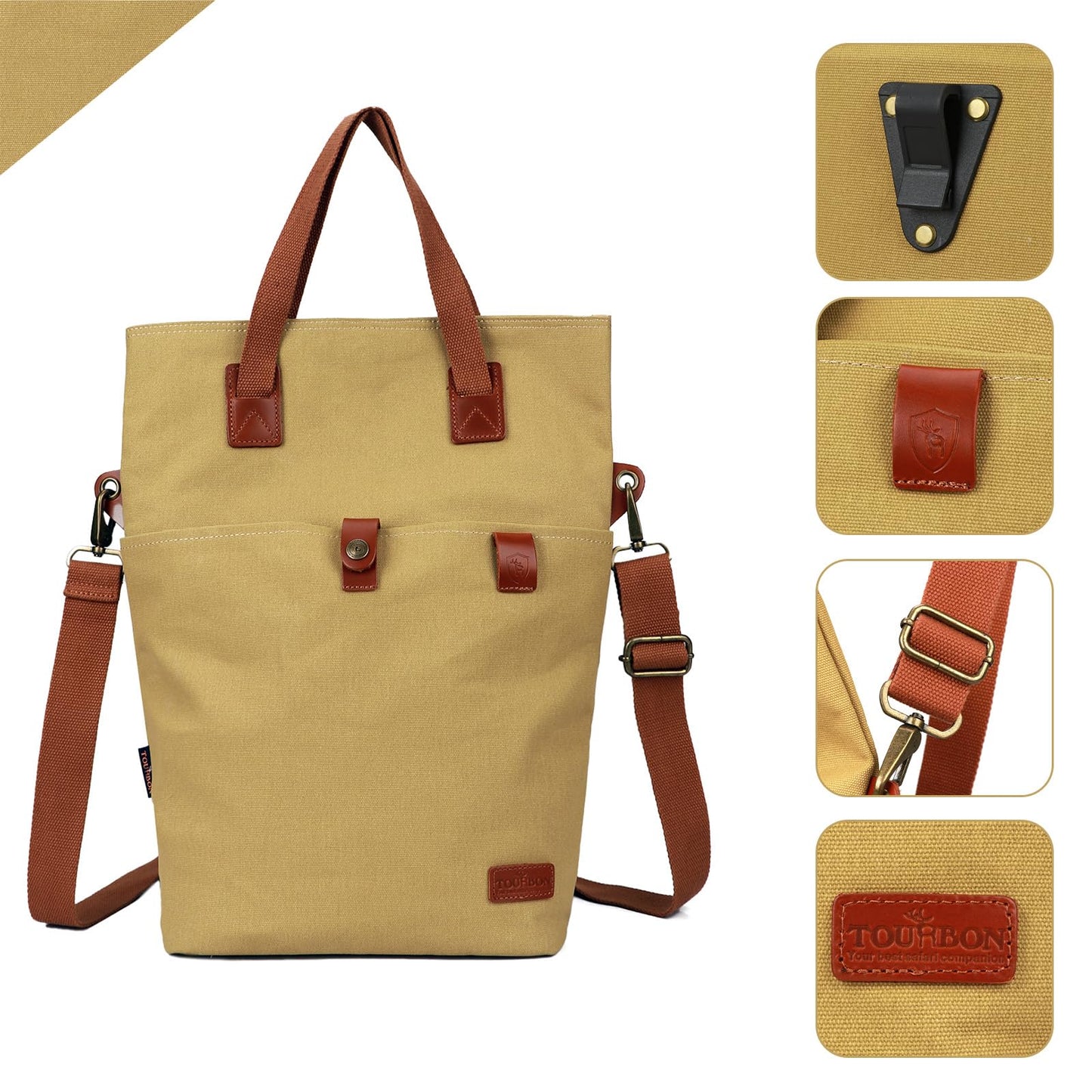 TOURBON Canvas Clip-On Quick-Release Bike Panniers Women's Shoulder Tote Bag - Khaki