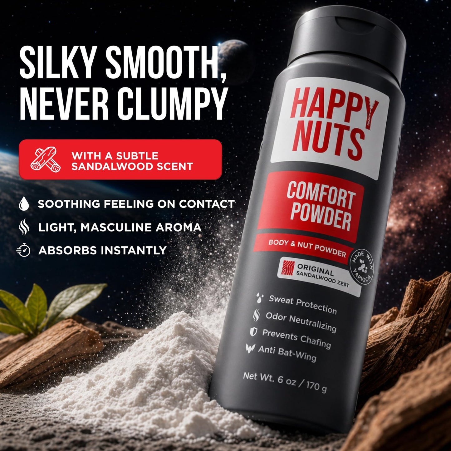 Happy Nuts Comfort Powder - Anti-Chafing, Sweat Defense & Odor Control for the Groin, Feet, and Body - Body Powder for Men (2 PACK)