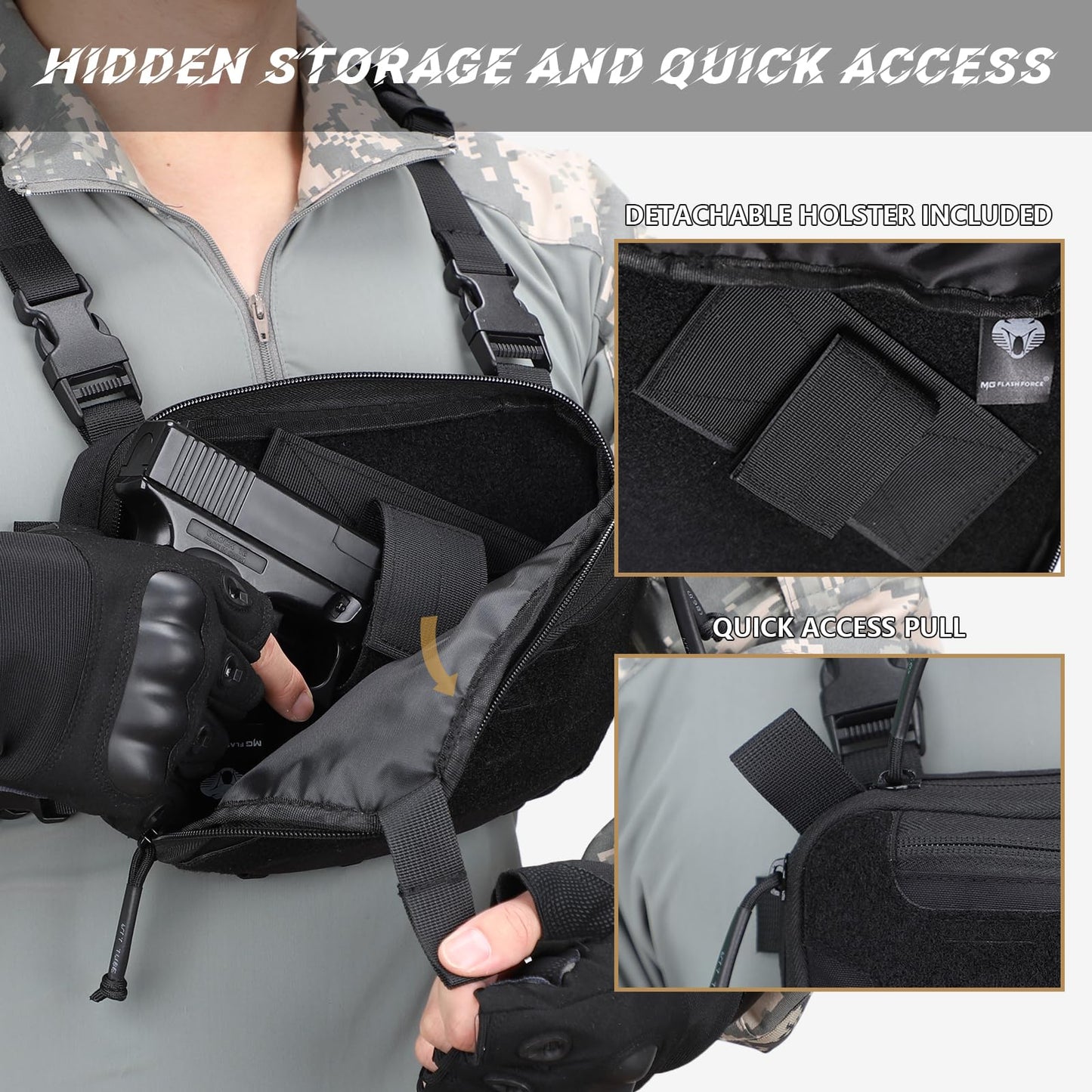 MGFLASHFORCE Tactical Chest Rig Bag for Men, Chest Pack with Holster Laser Cut EDC Molle Pouch for Workout Running Hunting Outdoor Sports, Compatible with Tactical Vest