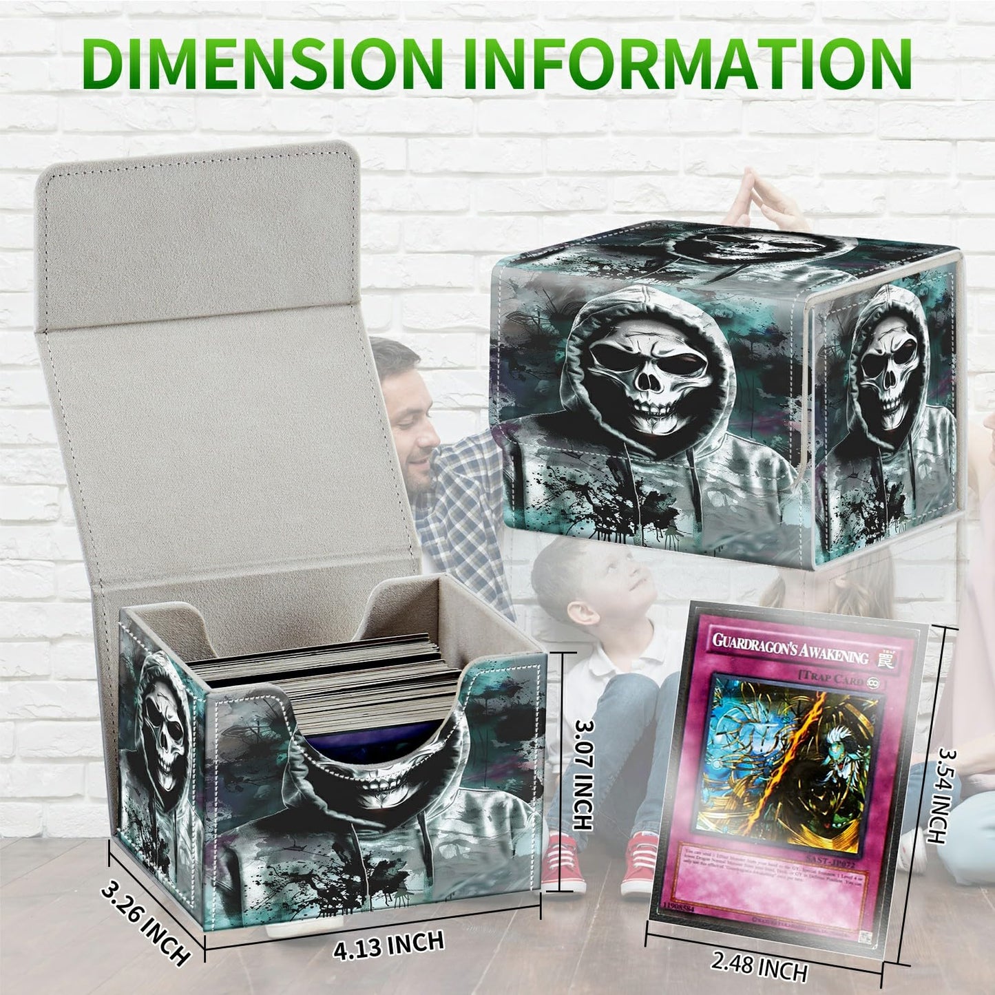 RWUTYTIUL Card Deck Box for MTG Cards, Card Storage Box Fits 100+ Sleeved Cards, PU Leather Large Size Strong Magnet Card Deck Case Holder for Board Game Magic MTG TCG CCG, Cool Skull