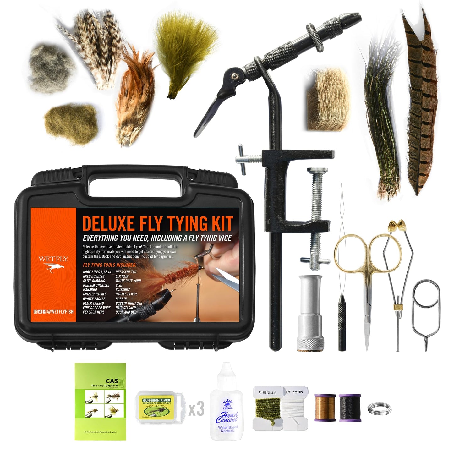 Deluxe Fly Tying Vise & Tools Kit: Materials, Book/DVD - Fly Fishing & Jig Tying - Complete Set