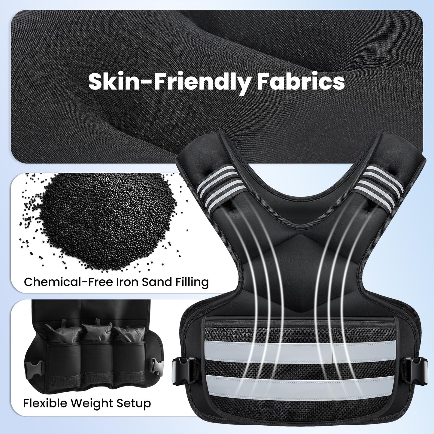 Adjustable Weighted Vest for Women and Men, 11-18lb Rucking Vest with 6 Ironsand Weights, Reflective Stripe and Storage Pocket for Running, Workouts, Strength Training