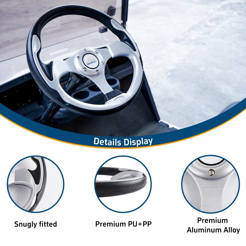 Mixopoly Golf Cart Steering Wheel for Club Car, EZGO, and Yamaha Golf Carts. PP + PU + Aluminum Alloy, Comfortable Grip, 12.5" (silver-round)