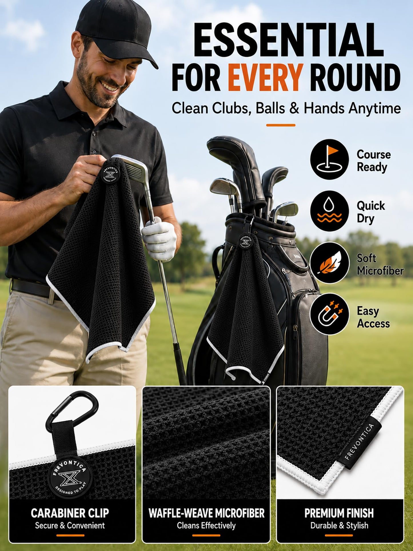 Frevontica Magnetic Golf Towel with Cleaning Pocket, 24"x16" Ultra-Absorbent Waffle Microfiber Golf Towel with Magnet & Clip for Golf Bag, Carts and Clubs, Golf Accessories Gift for Men Women Golfers