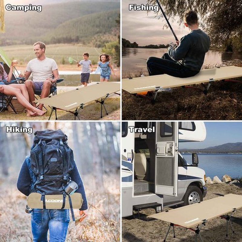 PACOONE 2-in-1 Ultralight Folding Camping Cot with Leg Extenders, Military Camping Cots Bed, Heavy Duty Folding Sleeping Camping Cot for Backpacking Hiking Travel Tent, Support 330 Lbs (Khaki)