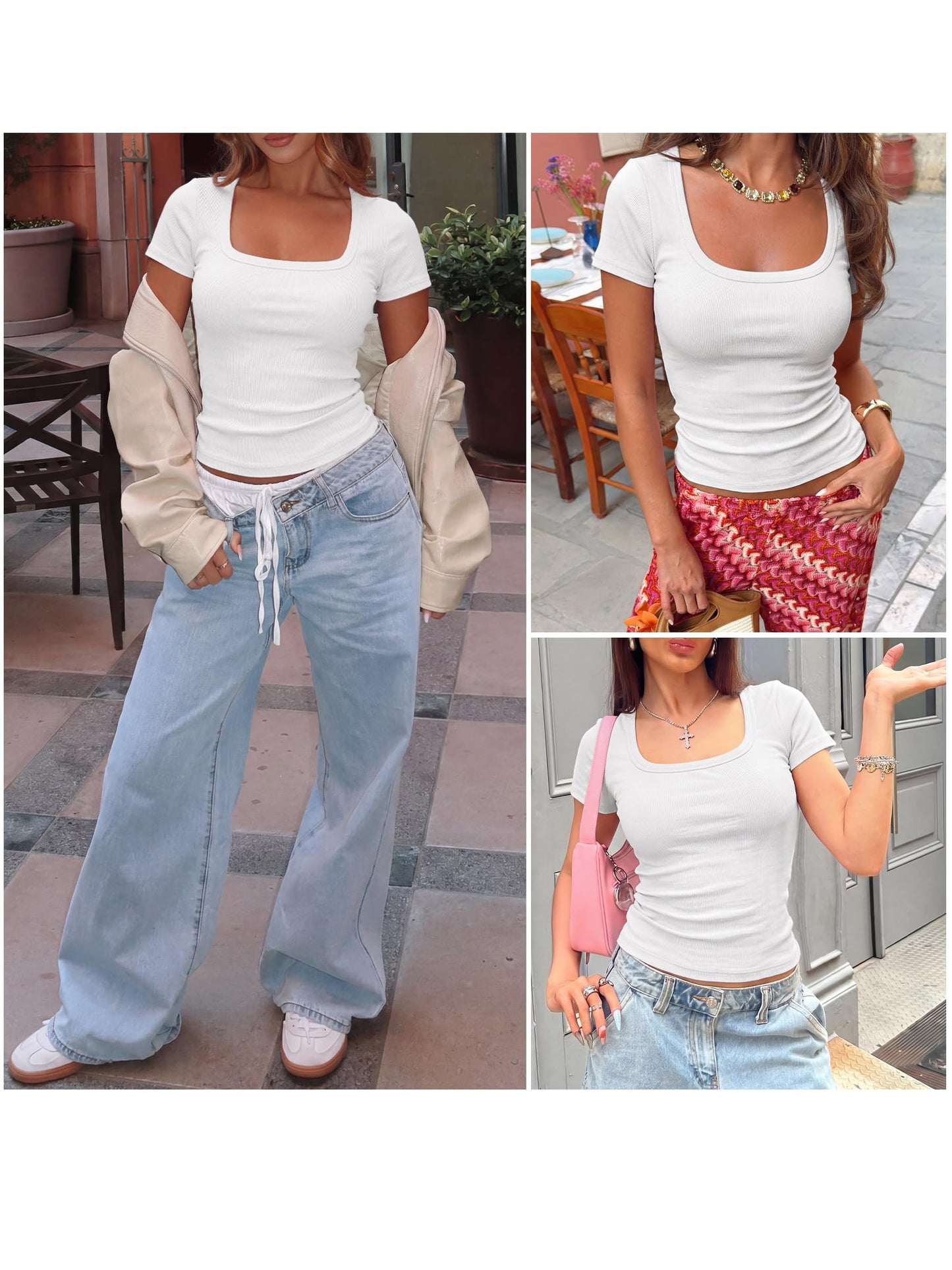 ANRABESS Women Short Sleeve Tops Scoop Neck Ribbed Knit Slim Fitted Basic Tee Shirt Casual Summer Clothes 2026 Spring Outfits White Medium