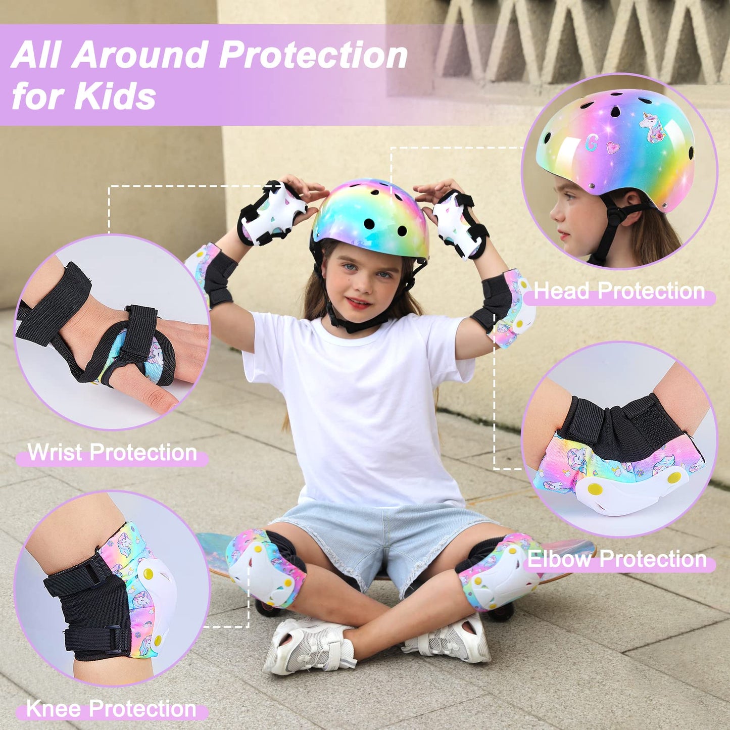Unicorn Catcher Kids Helmet and Knee Pads Set, Adjustable for Girls Ages 3-8