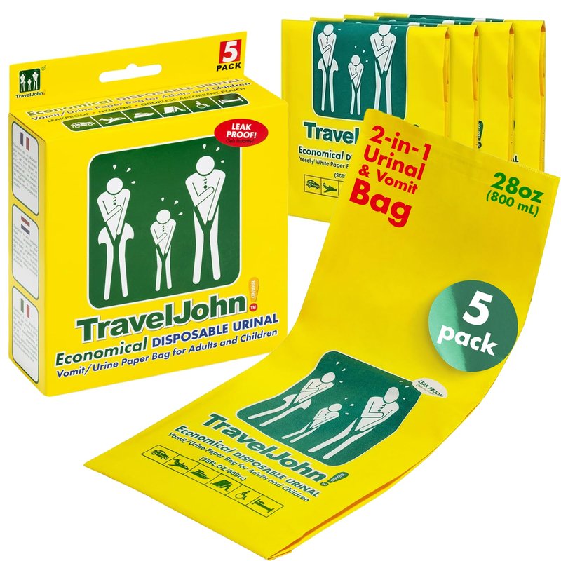 TravelJohn Economical Disposable Urinal – 2-in-1 Design for Vomit/Urine Paper Bag for All Genders & Ages – Disposable Urine Bags for Travel, Emergency, Camping & Car Road Trips – 5 Pack (TJ1P)