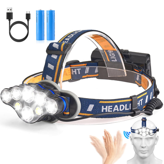 Elmchee Rechargeable Headlamp 8 Led Head Lamp 18000 Lumen Ultra-Bright, 16 Modes Adjustable Motion Sensor Headlight with Red Light, Waterproof Head Flashlight for Outdoor Hiking Camping