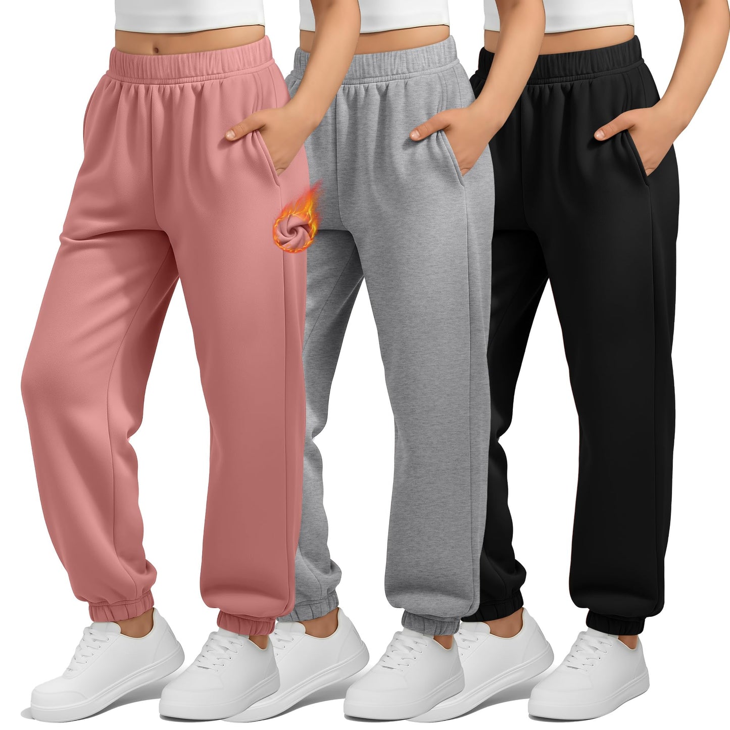 LessonZoo 3 Pack Girls Fleece Joggers Sweatpants, 5-16 Years Thermal Baggy Elastic Waist Athletic Activewear with Pockets(Coral Pink, Light Gray, Black,Large)