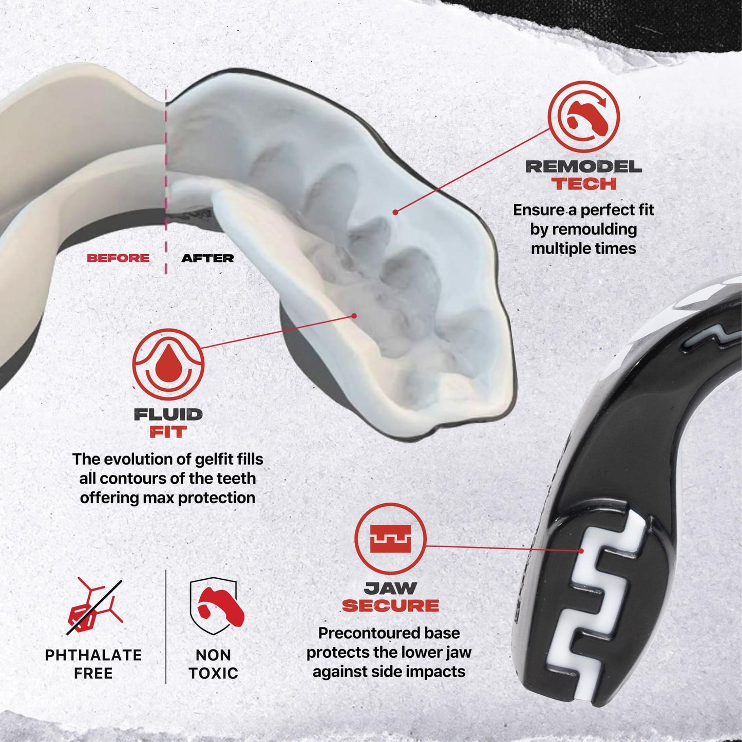 SAFEJAWZ Mouth Guard, Dual Layer Mouthguard for Adults with Case, Easy Fit Remoldable Mouthpiece for Football, Boxing, Lacrosse, MMA, Basketball & All Contact Sports (Adult 12+ Years, Black Fangz)