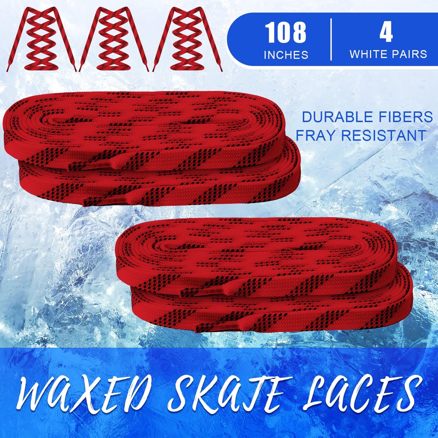 Yingzhao 4 Pairs Red Waxed Hockey Laces 108" Hockey Skate Laces Wide Ice Lace Strap Strings Ice Sports Accessories for Roller Skates, Boots,Adults, Youth