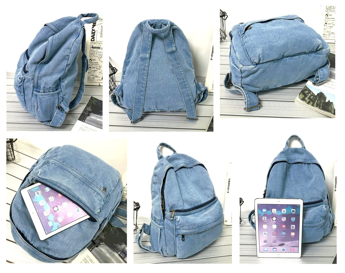 YunZh Denim Backpack Casual Style Lightweight Jeans Backpacks Classic Retro Travel Daypack