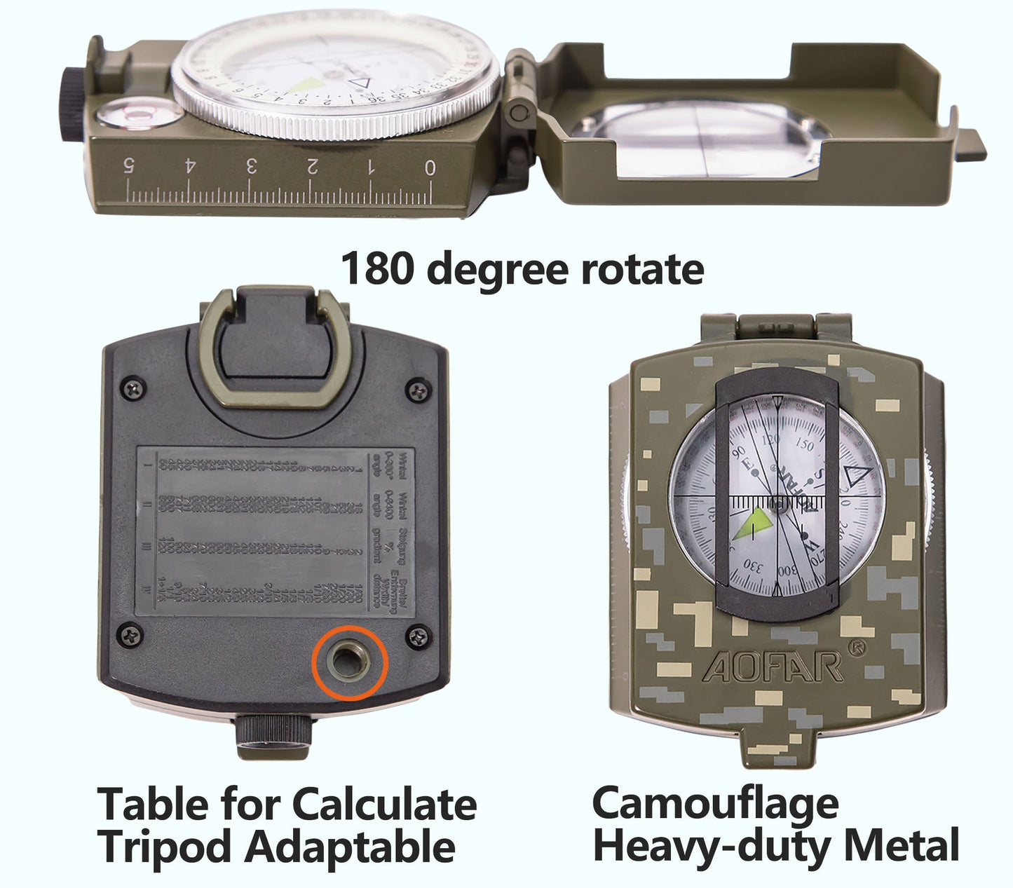 AOFAR Military Compass AF-4580 Lensatic Sighting Navigation, Waterproof and Shakeproof with Map Measurer Distance Calculator, Pouch for Camping, Hiking, Hunting, Backpacking (Camo)