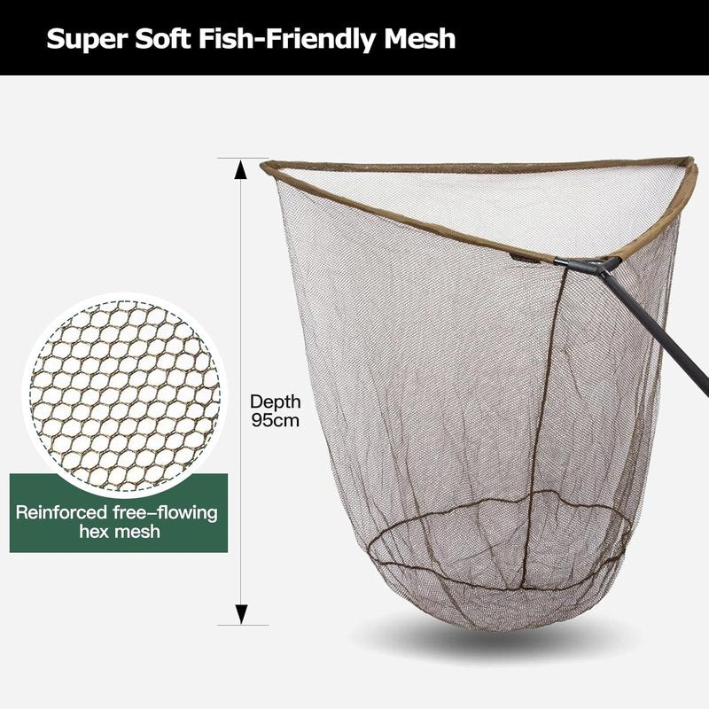 Carp Fishing Landing Net - 42 Inch Extra Large Carbon Fiber Net | 6 Feet Long Handle, Holds Up to 88lbs, Olive Green