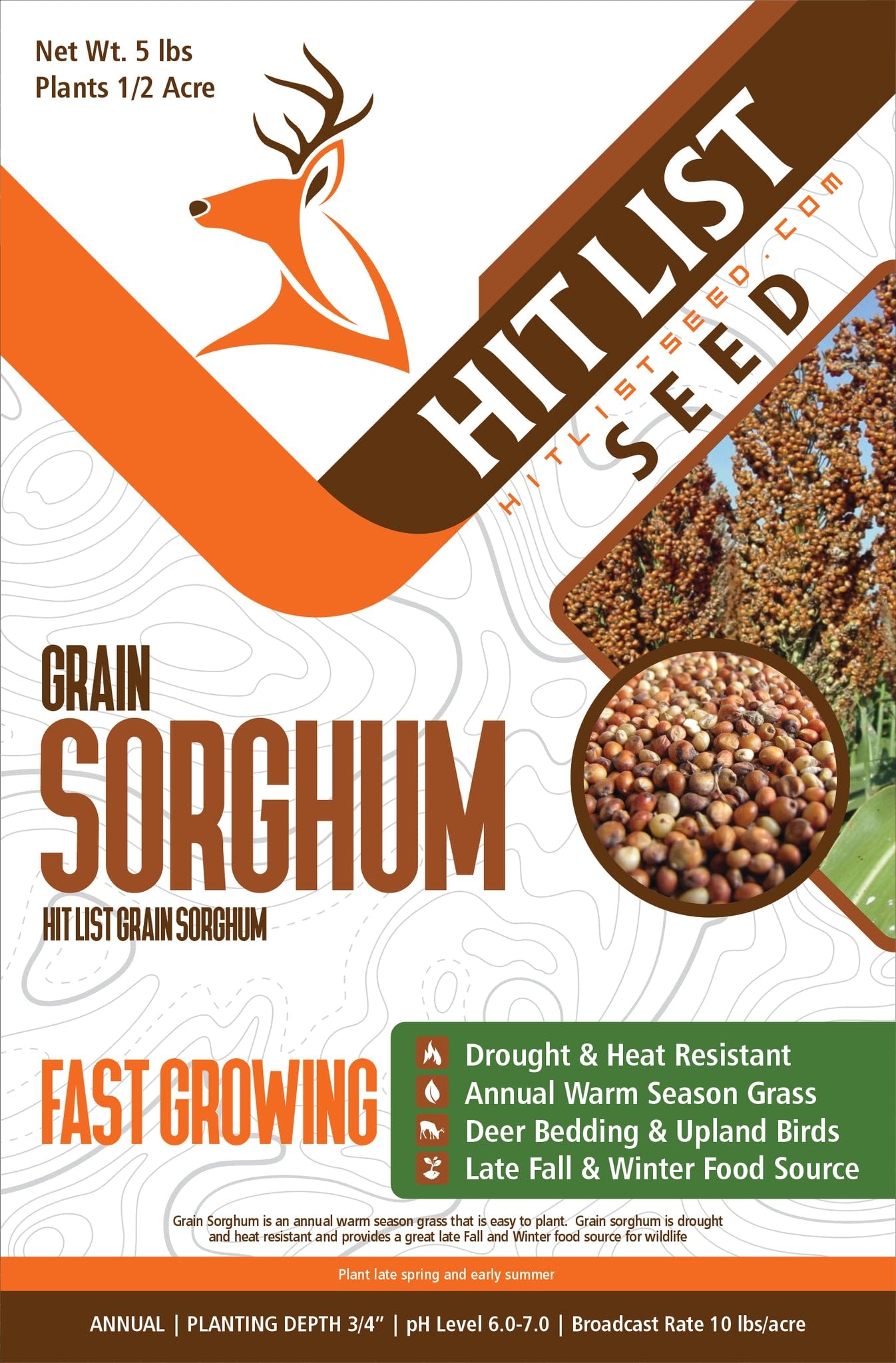 Hit List Seed® Grain Sorghum Food Plot Seeds for Deer [Annual Mix] - Deer Food Plot Seed - Sorghum Seeds for Planting - Deer Plot Seed Mix - 100% Grain Sorghum - Summer & Spring Planting - 5 lbs