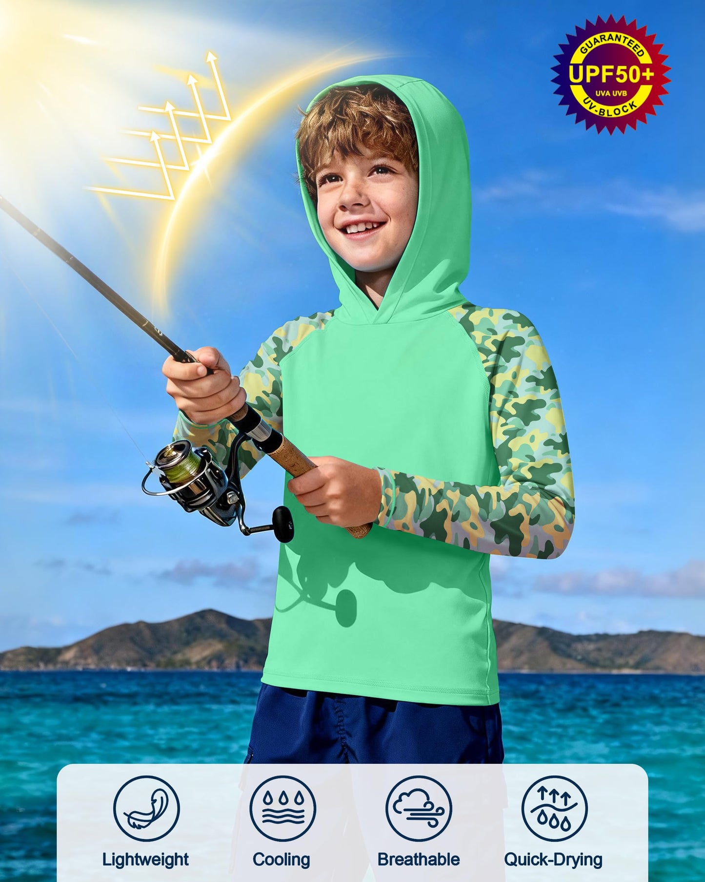 DRONIRING Boys Rash Guard Swim Hoodie, UPF 50+ UV Sun Protection Long Sleeve Fishing Shirt, Kids Youth SPF Water Shirts