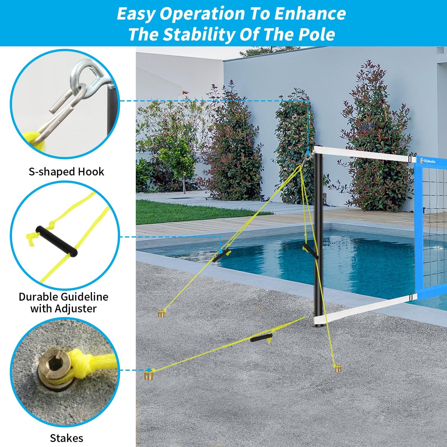 Olybeaka Length Adjustable 15ft-25ft Pool Volleyabll Net, Upgraded Sturdy Poolside Volleyball Net Set System with 2 Water Volleyballs, Pump and Hammer for Easy Installation (Blue)