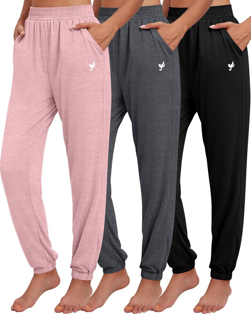 Ficerd 3 Pack Women's Sweatpants Loose Fit Joggers Elastic Tapered Leg Pants Athletic Baggy Lounge Trousers with Pockets(L,Black, Dark Gray, Pink)