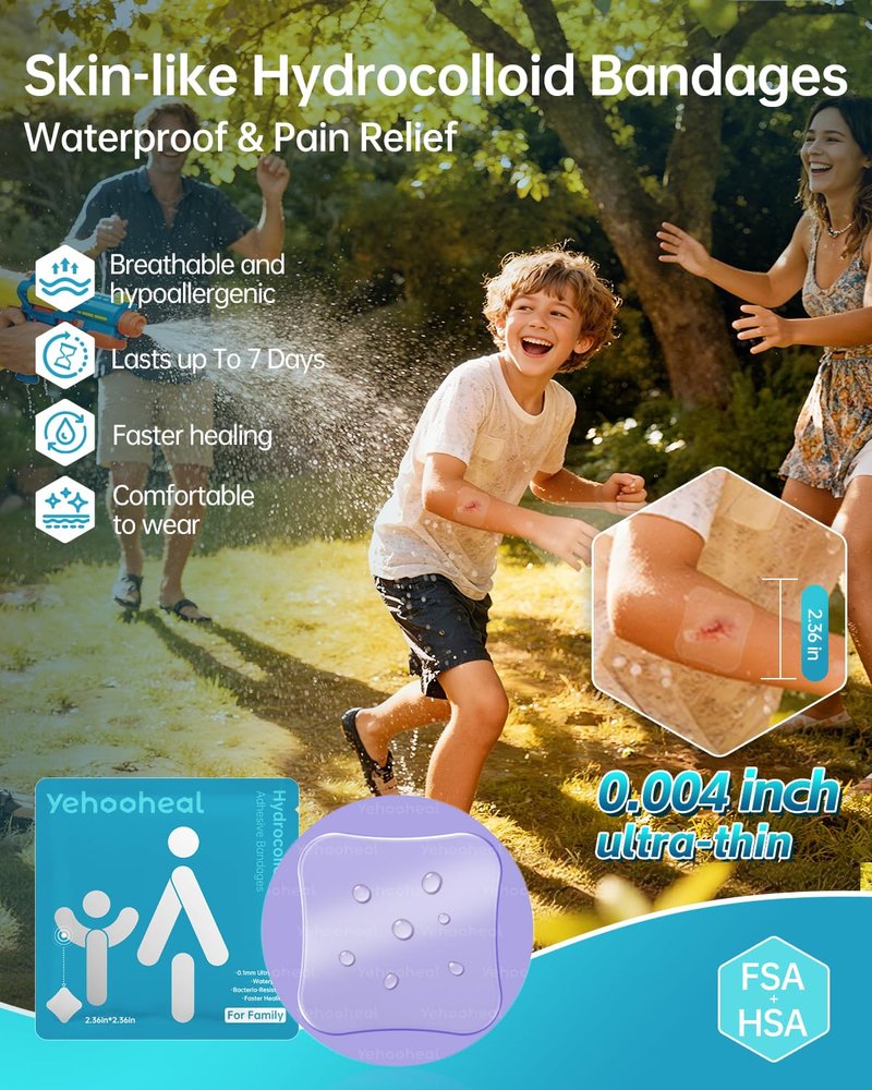 yehooheal Hydrocolloid Adhesive Bandages Dressing,Stays on for 7 Days 0.004inch Ultra-Thin Skin-Like Waterproof Faster Healing Patch,for Home Travel First Aid Sensitive Skin(2.36in*2.36in, 10Count)