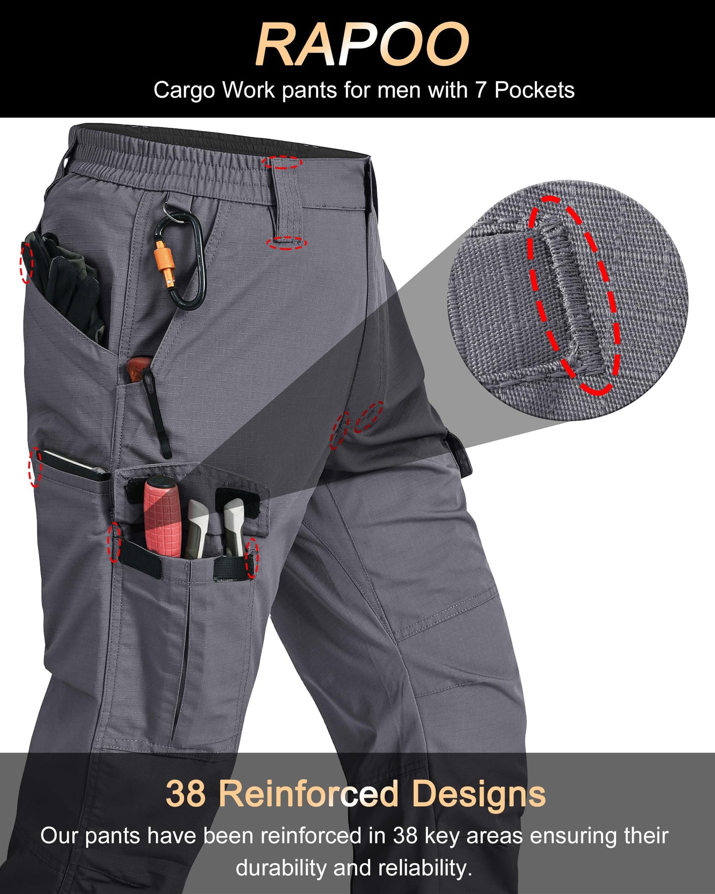 Rapoo Cargo Work Tactical Pants for Men Ripstop Elastic Waist Grey 32Wx34L