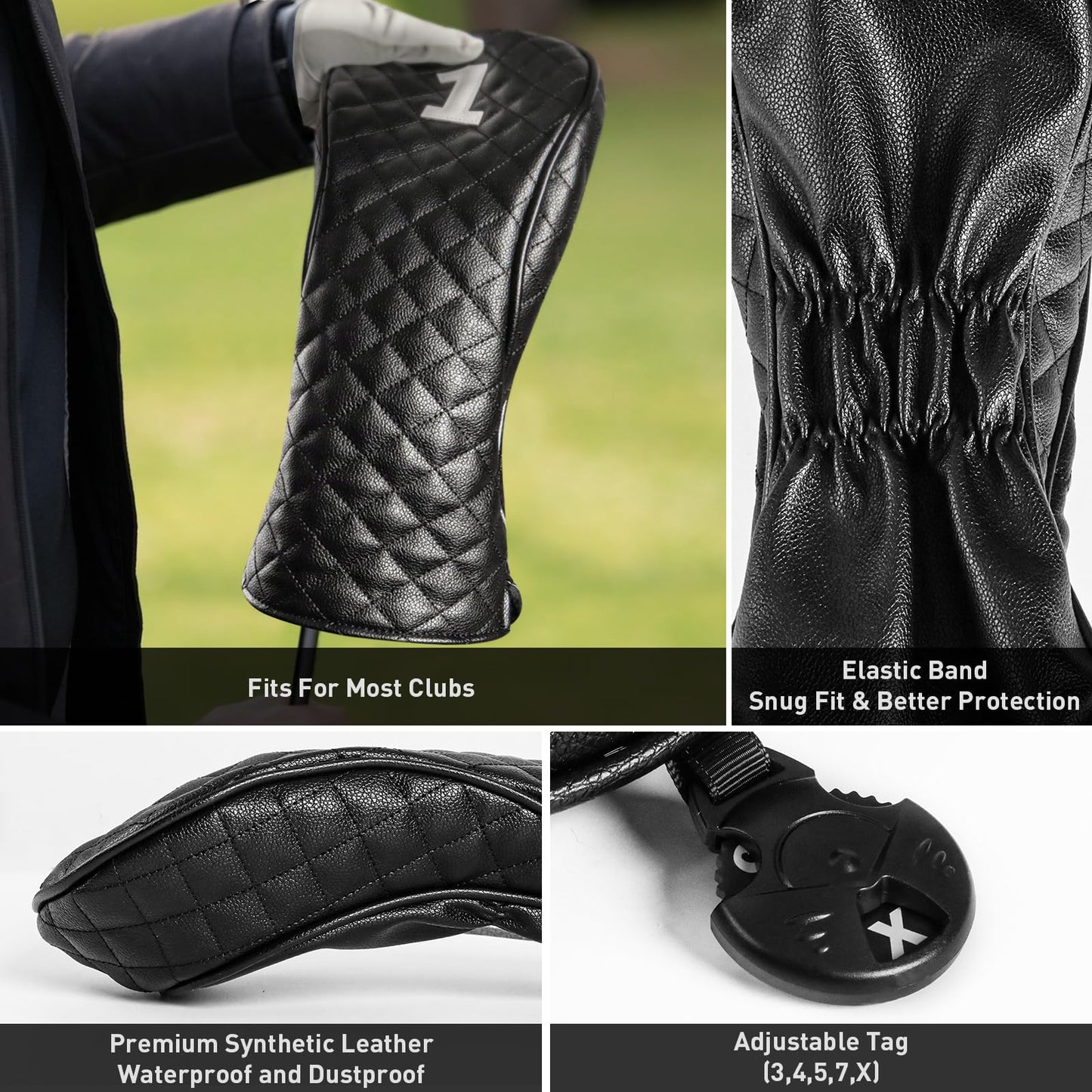 FINGER TEN Golf Club Head Covers for Woods Driver Fairway Hybrid with Interchangeable Number Tag 1 3 5 Premium Leather Headcovers for Women Men (Black, D+F+H)