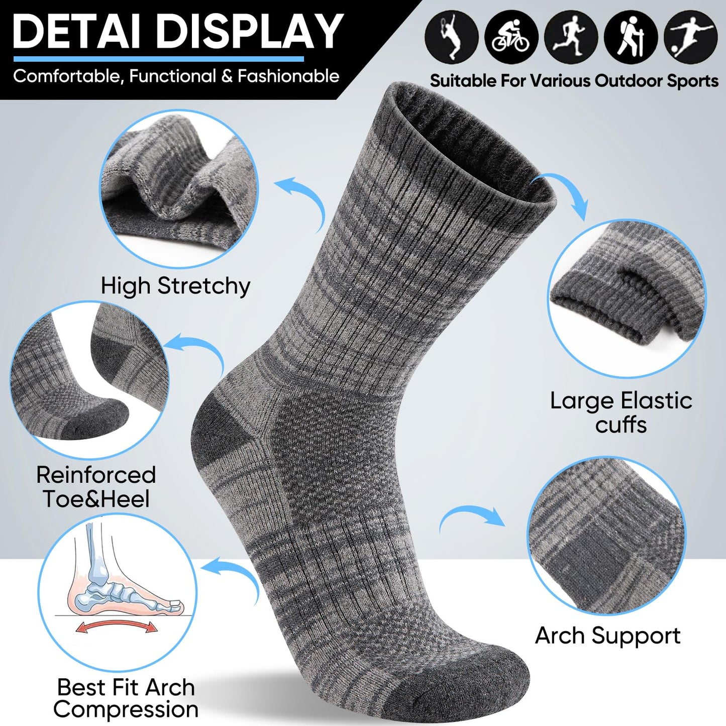 Bodvera Merino Wool Hiking Socks for Men Moisture Wicking Cushion Thermal Warm Winter Crew Outdoor Boot Socks(5 Pairs)