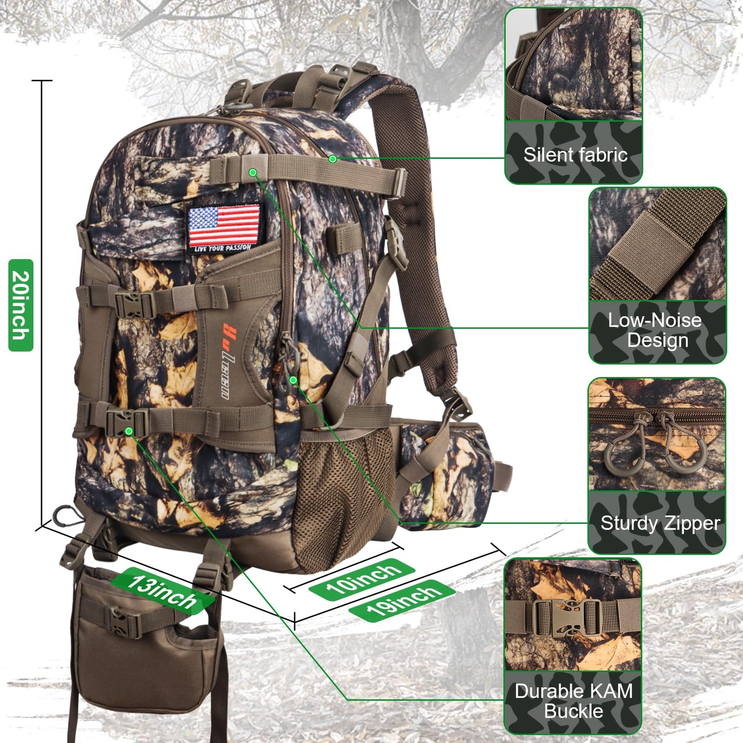 YVLEEN Hunting Backpack, Waterproof Camo Hunting Packs for Men, Durable Large Capacity Hunting Day Pack for Rifle Bow Gun